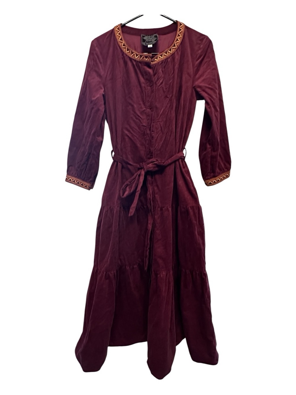 Late Y2K Johnny Was Jade Cotton Maroon Tiered Maxi Dress w Embroidered Trim XS